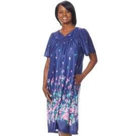 Amerimark Womens Womens Plus Border Lounge Dress- Short Sleeve Gown Sleepwear For Ladies, Navy Delight Border, Md