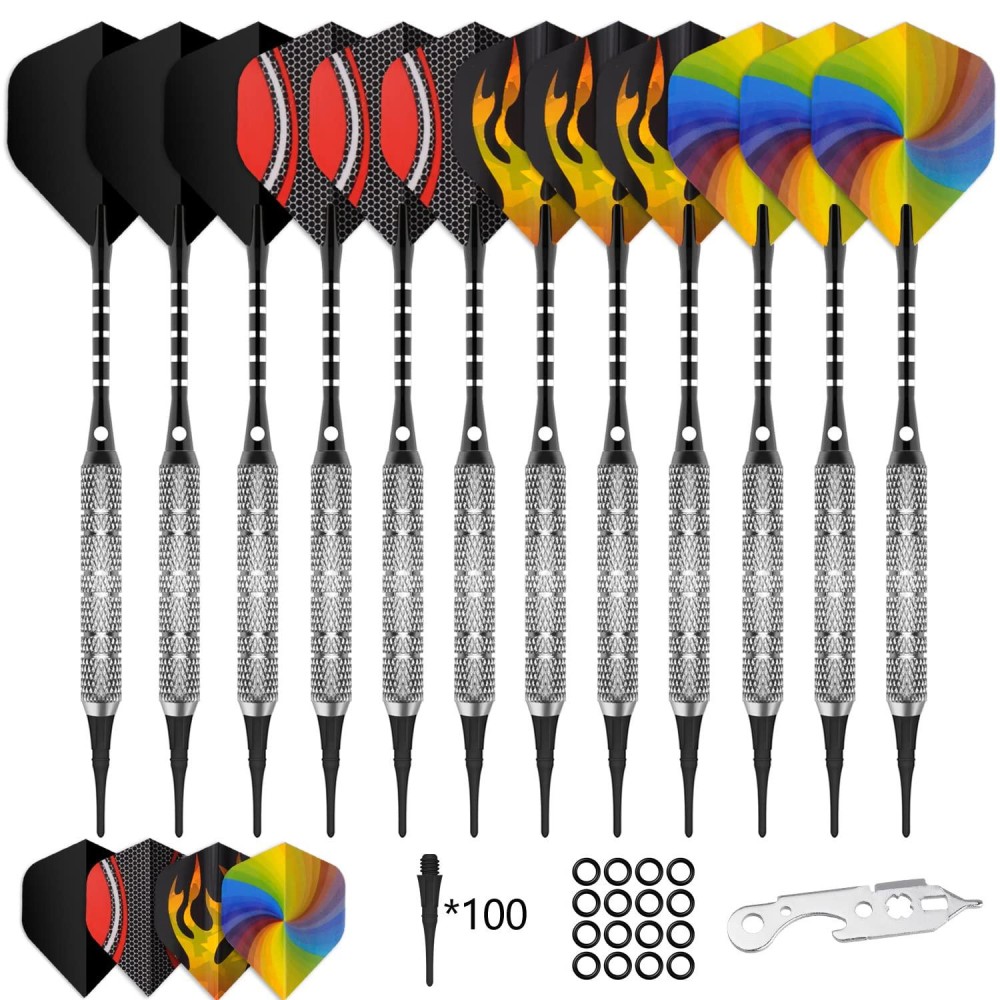 CyeeLife Soft tip Darts Set 18g,100 Extra Tips+Tool+12 Aluminum shafts with Rubber Rings+16 Flights 16 Flight Protectors,Professional Plastic Darts for Electronic Dartboard