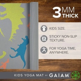 Gaiam Kids Yoga Mat Exercise Mat, Yoga for Kids with Fun Prints - Playtime for Babies, Active & Calm Toddlers and Young Children, Dino Zone, 3mm
