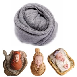 Coberllus Newborn Baby Photo Props Blanket Stretch Knitted Wrap Swaddle For Boy Girls Photography Shoot (Grey)