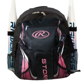 Rawlings Storm Girls Softball Bag - Sized For Youth Softball Backpack For Girls Or Tball Bag - Holds Two Bats - Includes Hook To Hang On Fence - Black And Pink