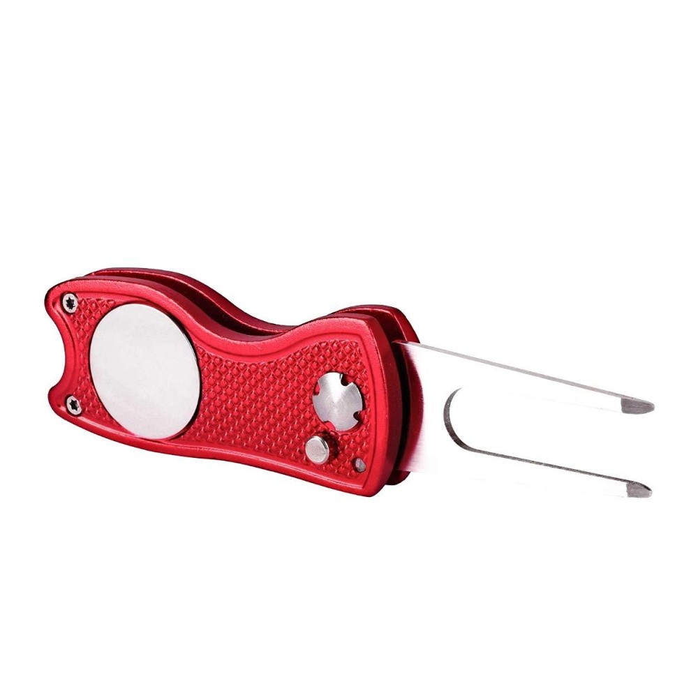 Mile High Life All Metal Foldable Golf Divot Tool with Pop-up Button & Magnetic Ball Marker (Red Fish)