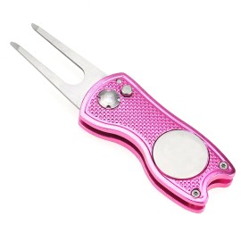 Mile High Life All Metal Foldable Golf Divot Tool with Pop-up Button & Magnetic Ball Marker (Pink Fish)