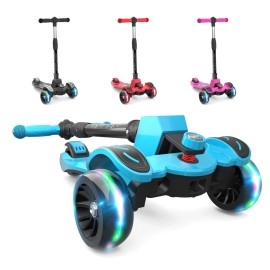 6KU Kids Kick Scooter with Adjustable Height, Lean to Steer, Flashing Wheels for Children 3-8 Years Old Blue