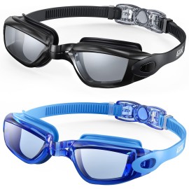 Aegend Swim Goggles, 2 Pack Flexible,Detachable,Mirrored Swimming Goggles No Leaking Adult Men Women Youth, Black & Light Blue