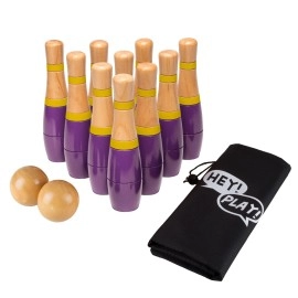 Hey Play Lawn Bowling Gameskittle Ball- Indooroutdoor Fun For Kids, Adults -10 Wooden Pins, 2 Balls, And Mesh Bag Set (8 Inch -Purpleyellow)