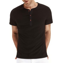 Pegeno Mens Casual Slim Fit Short Sleeve Henley T-Shirts Cotton Shirts Black-Us M