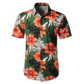 Jogal Mens Flower Casual Button Down Short Sleeve Hawaiian Shirt 3X-Large Green