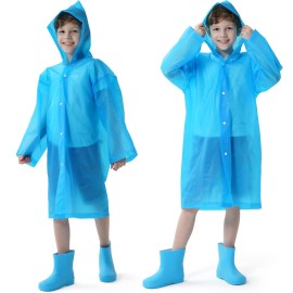 Opret 2 Pack Blue Raincoats For Kids, Reusable Rain Ponchos With Hood And Sleeves Children Waterproof Rain Coats For Boys And Girls