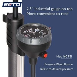 Beto Bike Pump Portable - Bicycle Floor Pump With Industrial Top-Mounted Gauge & Air Bleed Button - Presta Schrader Dunlop Valve Universal, Steel Tube 160 Psi Max (Sliver)