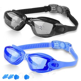 Cooloo Swim Goggles Men, 2 Pack Swimming Goggles For Women Kids Adult Anti-Fog, Dark Black & Blue