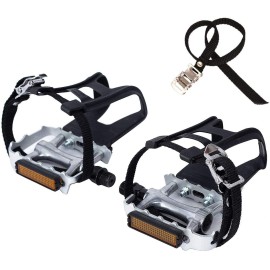 Newsty Bike Pedals With Clips And Straps For Outdoor Cycling And Indoor Stationary Bike 9/16-Inch Spindle Resin/Alloy Bicycle Pedals Silver