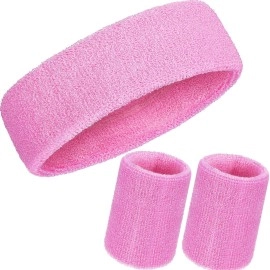 Willbond 3 Pieces Sweatbands Set, Includes Sports Headband And Wrist Sweatbands Striped Sweat Band For Athletic Men And Women (Pink)