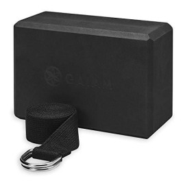 Gaiam Yoga Block & Yoga Strap Combo Set - Yoga Block With Strap, Pilates & Yoga Props To Help Extend & Deepen Stretches, Yoga Kit For Stability, Balance & Optimal Alignment - Black