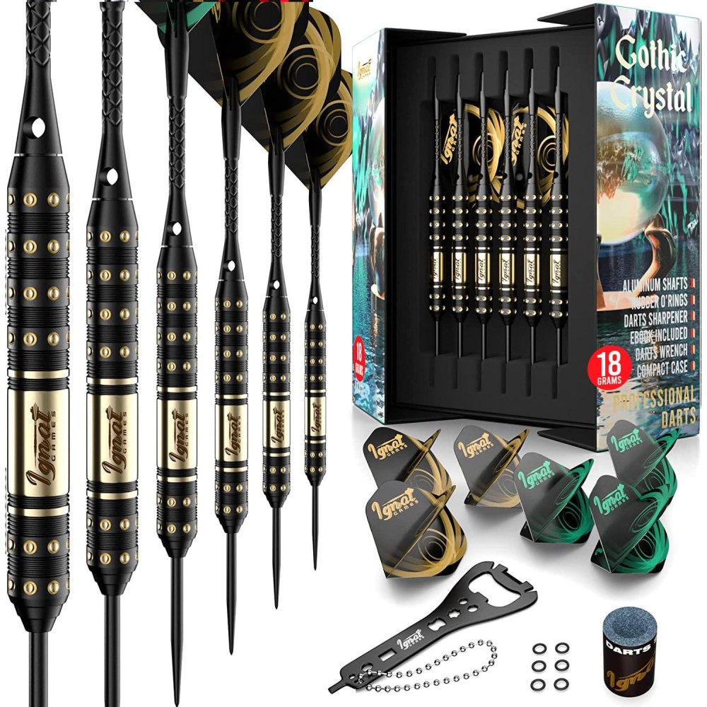 Ignatgames Darts Metal Tip Set - Professional Darts With Stylish Case And Darts Guide, Steel Tip Darts Set With Aluminum Shafts + Rubber O'Rings + Extra Flights + Dart Sharpener And Wrench