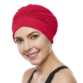BEEMO Swim Caps for Women Swimming Turban Polyester Latex Lined Pleated for Ladies - Red