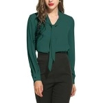Acevog Womens Cuffed Sleeve Chiffon Printed V Neck Casual Blouse Shirt Tops,Dark Green,M