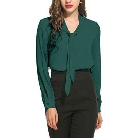 Acevog Womens Cuffed Sleeve Chiffon Printed V Neck Casual Blouse Shirt Tops,Dark Green,M