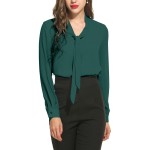 Acevog Womens Loose Solid Chiffon Blouses V Neck Cuffed Sleeve Shirts Tops,Dark Green,L