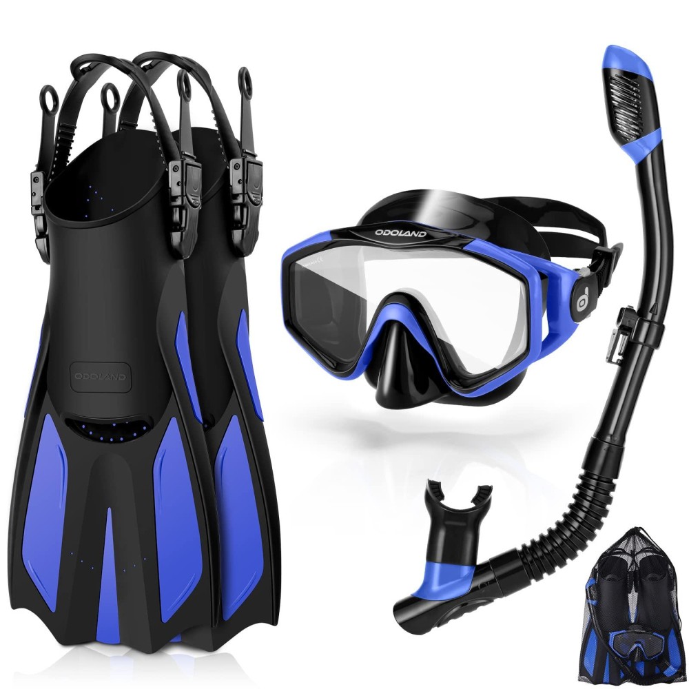 Odoland Snorkel Set, Snorkeling Packages With Dry Top Diving Mask, Adjustable Swim Fins, Mesh Bag, Anti-Fog Anti-Leak Snorkeling Gear For Men Women Adult, Blue/Black L/Xl