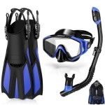 Odoland Snorkel Set, Snorkeling Packages With Dry Top Diving Mask, Adjustable Swim Fins, Mesh Bag, Anti-Fog Anti-Leak Snorkeling Gear For Men Women Adult, Blue/Black S/M