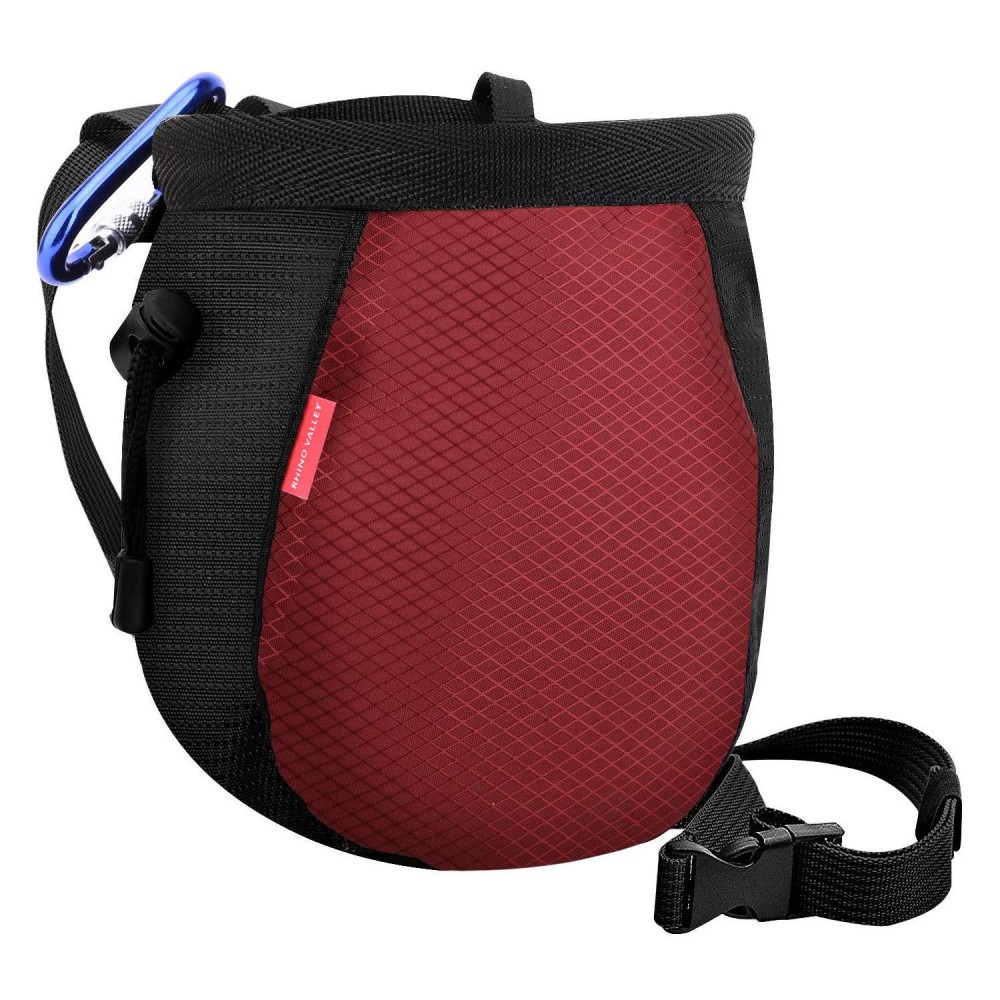 Rhino Valley Climbing Chalk Bag, No Leak Drawstring Chalk Bag With Adjustable Belt, Carabiner Clip And Zippered Pockets Chalk Bag For Climbing, Cross Fit, Weight Lifting & More - Black & Red