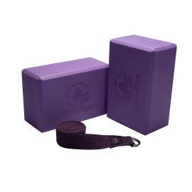 Clever Yoga Blocks 2 Pack With Strap - Extra Light Weight Sweat Repelling Foam Yoga Block Set With Cotton 8Ft Yoga Stretch Strap - Yoga Block And Strap Set Kit For Beginner To Pro - Exercise Accessories For Stretching, Balance And Strength (Purple)