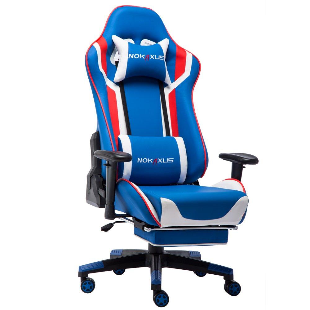 Nokaxus Gaming Chair Large Size High-Back Ergonomic Racing Seat With Massager Lumbar Support And Retractible Footrest Pu Leather 90-180 Degree Adjustment Of Backrest Thickening Sponges (Yk-6007-Blue)