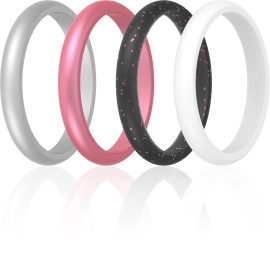 Thunderfit Womens Thin And Stackable Silicone Rings Wedding Bands - 4 Pack (White, Silver, Black Pink Glitter, Metallic Pink, 4.5 - 5 (15.7Mm))