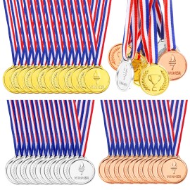 Pllieay 24 Pieces Plastic Winner Medals, Winner Award Medals, Gold Silver And Bronze Medals For Sports, Competition, Talent Show, Spelling Bee, Gymnastic Birthday Party Favors And Awards