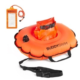 Buddyswim Hydrastation Safety Buoy For Open Water Swimming With Central Accessible Compartment, Includes Waterproof Mobile Case, Orange