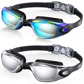 Aegend Swim Goggles, 2 Pack Uv Protection,Adjustable,Anti Fog Swimming Goggles No Leaking Adult Men Women Youth, Aqua & Bright Sliver