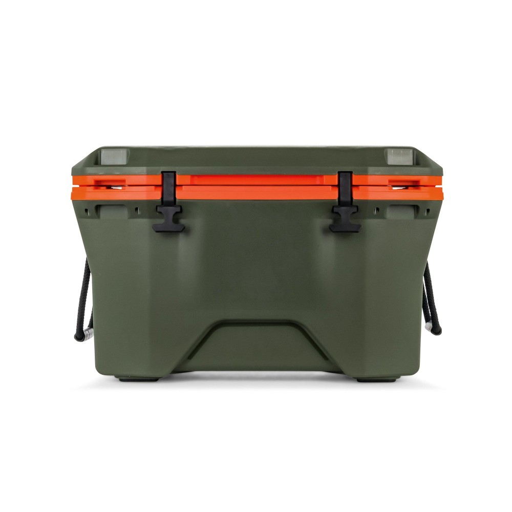 Camco Currituck Olive Green And Orange 30 Quart Cooler - Rugged Exterior Made For Camping Hunting Fishing And Tailgating - Comes With Cooler Basket (51714)