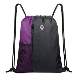 Beegreen Purple Drawstring Backpack Sports Gym Bag For Women Men Children Large Size Cinch Sack Workout Bag With Zipper And Water Bottle Mesh Pockets (Blackpurple), 16 Inch X 20 Inch