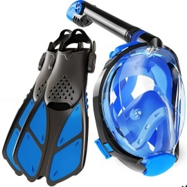 Cozia Design Snorkel Set With Snorkel Mask Swim Fins Included Free Breathing Snorkel Mask Full Face 180 Panoramic View Full Face Snorkel Mask And Open Heel Snorkel Fins Blue Large