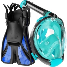 Cozia Design Snorkel Set Adult - Full Face Snorkel Mask And Adjustable Swim Fins For Lap Swimming, 180A Panoramic View Scuba Mask, Anti Fog And Anti Leak Snorkeling Gear, Extra Propulsion Flippers