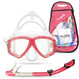 Prodive Premium Dry Top Snorkel Set For Adults - Tempered Glass Diving Mask, Anti-Fog Lens For Best Vision, Easy Adjustable Strap, Waterproof Snorkel Bag Included - Snorkeling Gear For Adults (Rose)