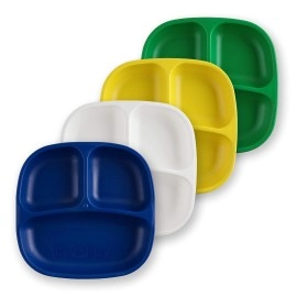 Re Play - 4 Pack 737 Divided Plates With Deep Sides For Baby, Toddler Child Feeding Bpa Free Made In Usa From Eco Friendly Recycled Milk Jugs Nautical (Yellow, Kelly Green, White, Navy)