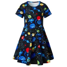 Raisevern Toddler Girls Short Sleeve Dress Black Galaxy Universe Planet Space Pattern Dress Summer Dress Casual Swing Holiday Birthday Theme Party Sundress Toddler Kids Twirly Skirt 2-3T