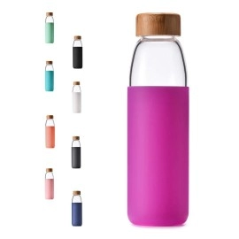 veegoal Glass Water Bottles 18 Oz Borosilicate with Bamboo Lid, BPA-FREE, Non-Slip Silicone Sleeve, and Stainless Steel Leak Proof Lid - Glass Water Bottles for Men and Women