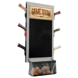 JOOLA Game Room Organizer and Dart Scoreboard includes Ping Pong Paddle Holder for 6 Rackets, Table Tennis Ball Basket, Black Dry Erase Board with White Liquid Chalk Markers, & Hanging Hardware