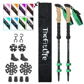 Thefitlife Carbon Fiber Trekking Poles - Collapsible And Telescopic Walking Sticks With Natural Cork Handle And Extended Eva Grips, Ultralight Nordic Hiking Poles For Backpacking Camping (Green)