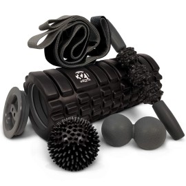 321 Strong 5 In 1 Foam Roller Set Includes Hollow Core Massage Roller With End Caps, Muscle Roller Stick, Stretching Strap, Double Lacrosse Peanut, Spikey Plantar Fasciitis Ball, All In Giftable Box