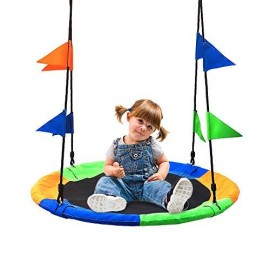 Saucer Tree Swing Seat With Straps And Flags Giant 40 Inches Saucer Swing Outdoor Play For Kids 2 Added Hanging Straps Adjustable Multi-Strand Ropes