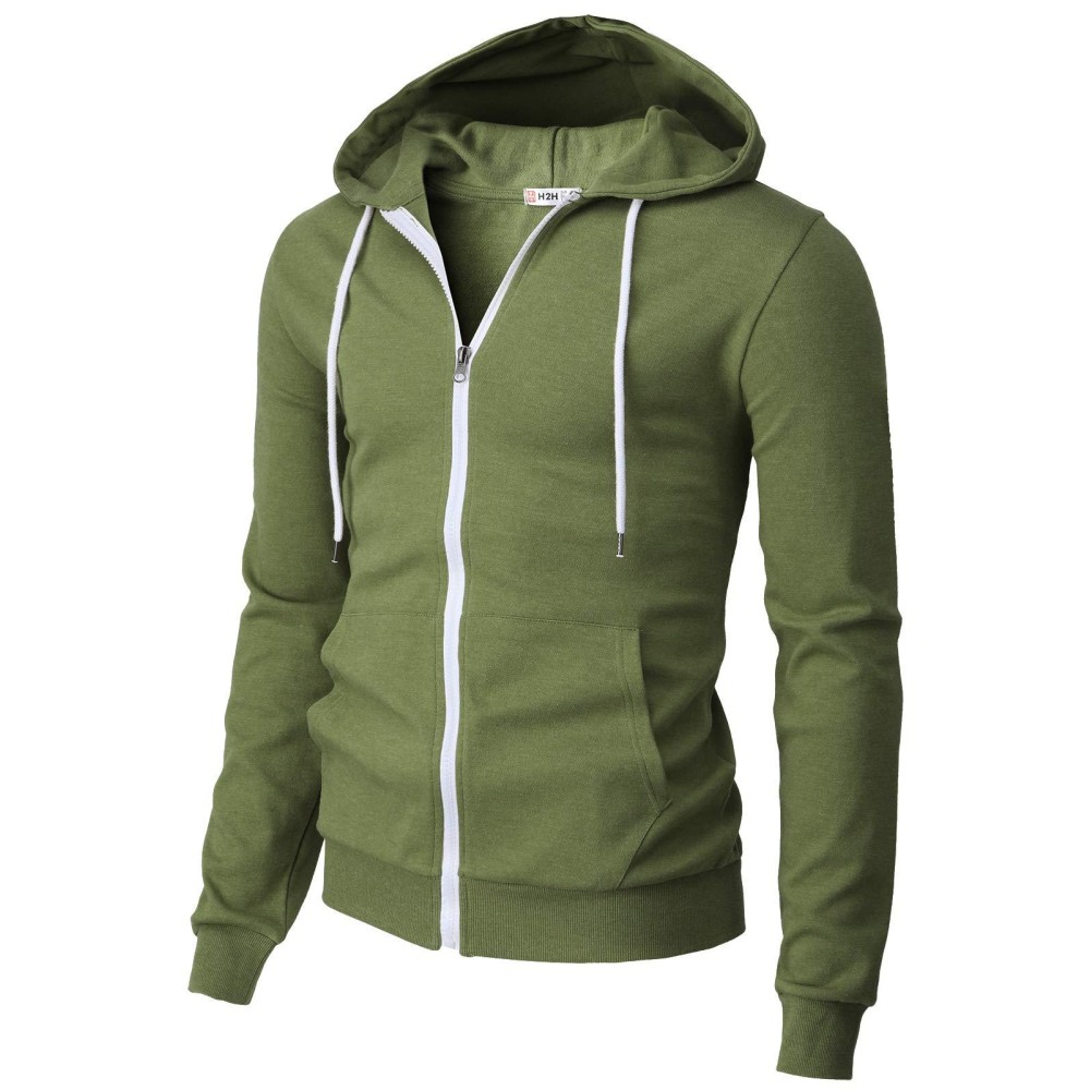 H2H Mens Slim Fit Lightweight Long Sleeve Zip Up Basic Hoodies With Kanga Pocket And White Zipper And String Olivegreen Us 3Xlasia 4Xl (Cmohol048)