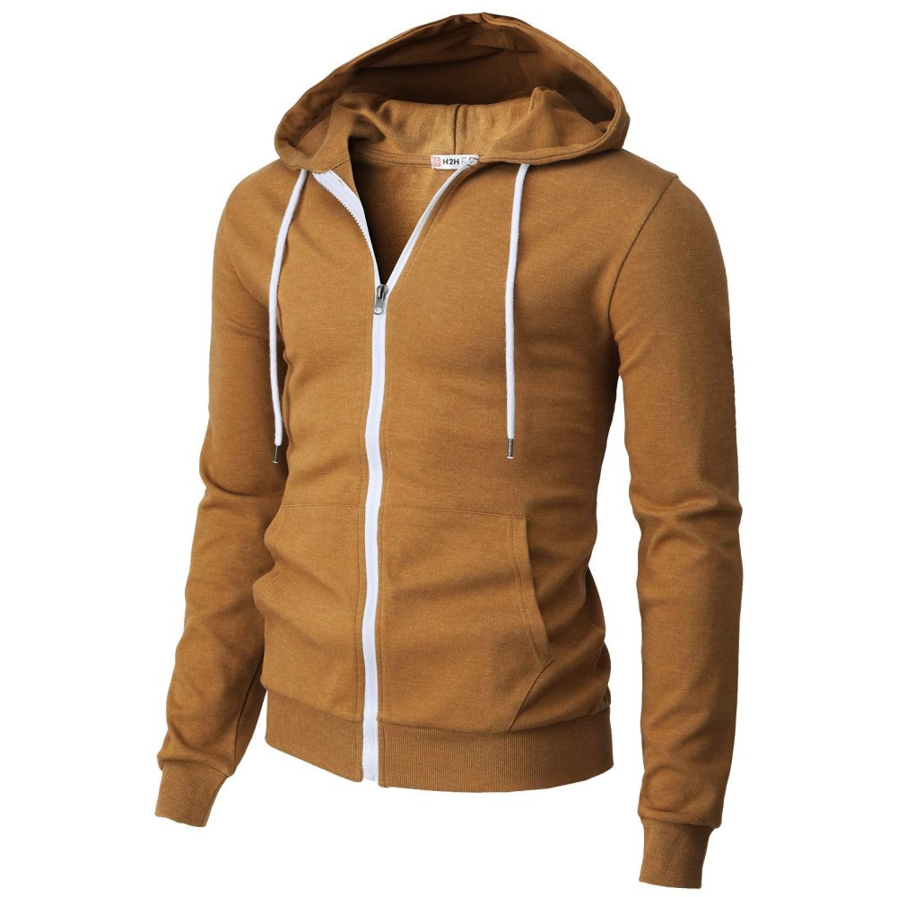 H2H Mens Slim Fit Basic Zip Up Hoodie With Kanga Pocket And White Zipper And String For Casual Caramel Us Masia L (Cmohol048)