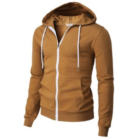 H2H Mens Slim Fit Basic Zip Up Hoodie With Kanga Pocket And White Zipper And String For Casual Caramel Us Masia L (Cmohol048)