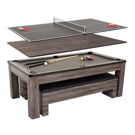 Atomic 7 Hampton 3-In-1 Combination Table Includes Billiards, Table Tennis, And Dining Table With Dual Storage Bench Seating, Grey