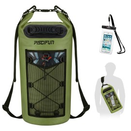 Piscifun Dry Bag, Waterproof Floating Backpack With Waterproof Phone Case For Kayking, Boating, Kayaking, Surfing, Rafting And Fishing, Army Green 20L