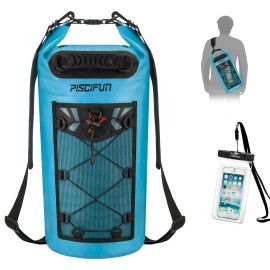 Piscifun Dry Bag, Waterproof Floating Backpack With Waterproof Phone Case For Kayking, Boating, Kayaking, Surfing, Rafting And Fishing, Light Blue 20L